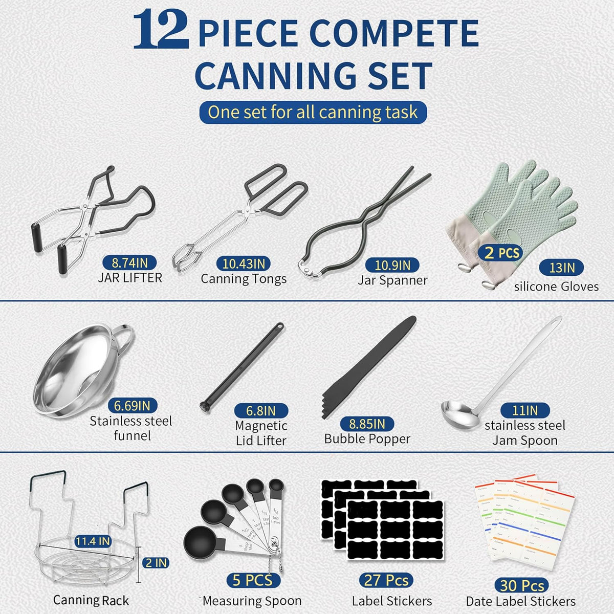 Canning Supplies Starter Kit,Canning Kit for Beginners of 12 with Rack，Silicone Oven Gloves，Jar Lifter，Funnel,Wrench,Tongs,Lid Lifter,Bubble Popper,Labels,ladle,Measuring spoon-G12-Black