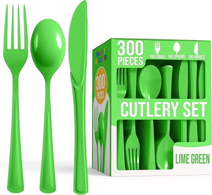 Party Solids Lime Green Plastic Silverware Heavy Duty 300 Pcs Lime Green Plastic Cutlery Sets, Utensil Sets, 100 Of Each Forks, Knives & Spoons Disposable Cutlery Set, Flatware Set For Party Supplies