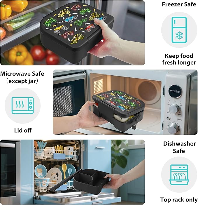 TinyPalsa Bento Box for Kids with 10oz Thermos, Durable Lunch Box with Leak Proof Insulated Food Jar, 3 Compartments with Portable Handle for Ages 3+, Dishwasher Safe, Ideal for School, Travel (Car)