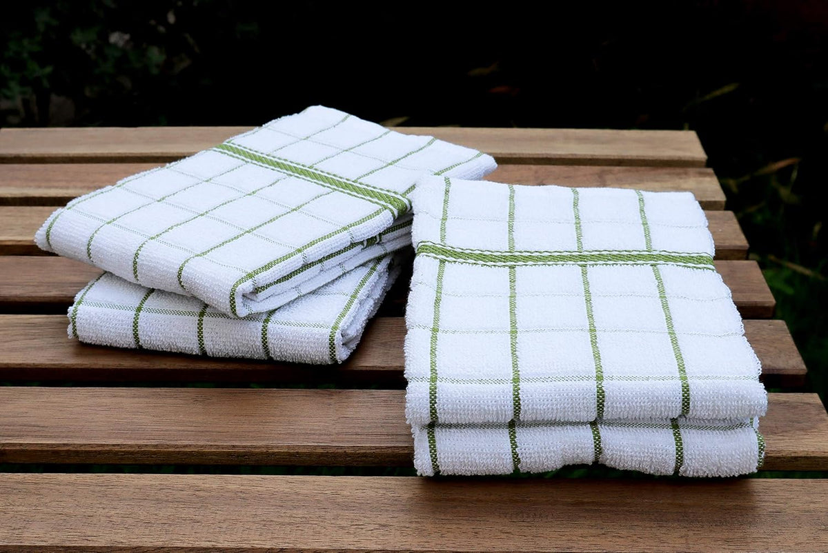 AMOUR INFINI Terry Cotton Kitchen Towels 4-Pack - Large 18 x 28 Inch, Absorbent & Soft Dish Towel with Hanging Loop, Washable Ideal for Cleaning, Drying (Green)