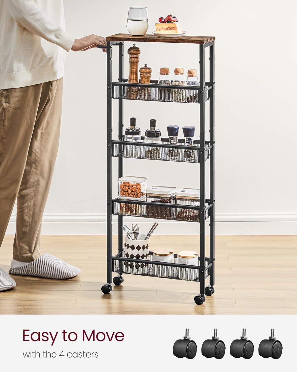 VASAGLE Slim Rolling Cart, 5-Tier Storage Cart, Narrow Carts with Handle, 5.1 Inches Deep, Metal Frame, for Kitchen, Dining Room, Living Room, Home Office, Rustic Brown and Classic Black ULRC034B01