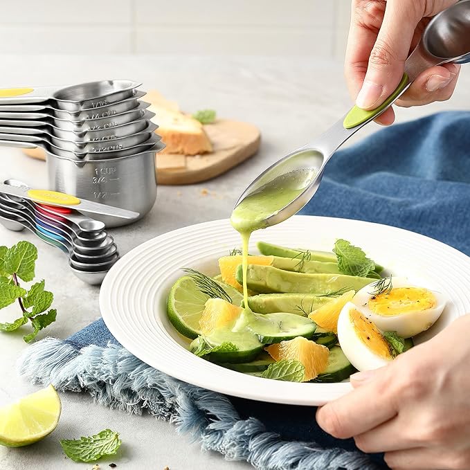 Spring Chef Magnetic Measuring Cups & Spoons Set, Patented, Strong N45 Magnets, Heavy Duty Stainless Steel Fits in Spice Jars for Baking & Cooking, BPA Free, Set of 15 with Leveler, Multicolor