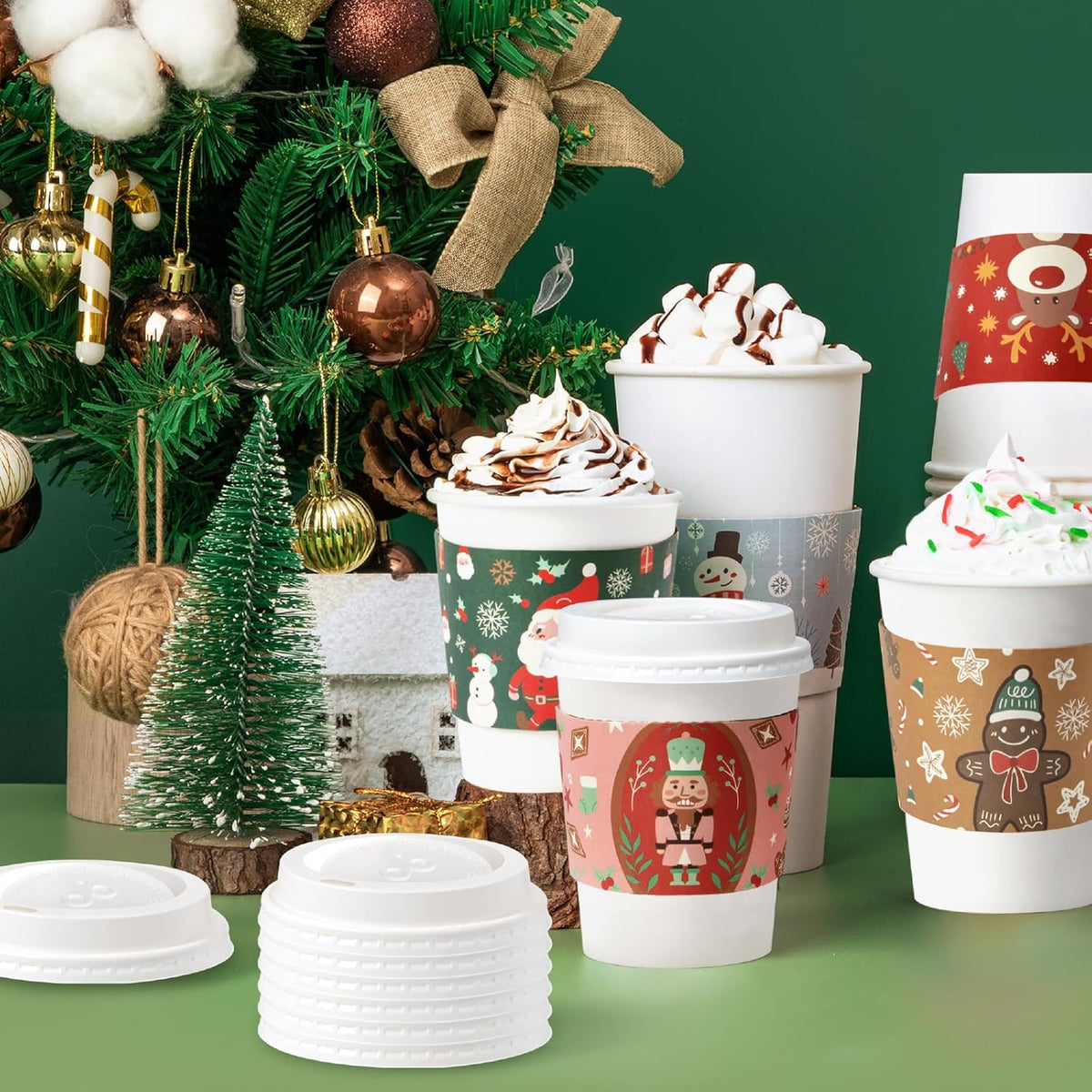 Fit Meal Prep 50 Pack 12 oz Christmas Disposable Coffee Cups with Lids, Sleeves, Leak-Proof To Go Coffee Cups with Lids, Durable Holiday Hot Paper Cups for Home, Office, Party, Business