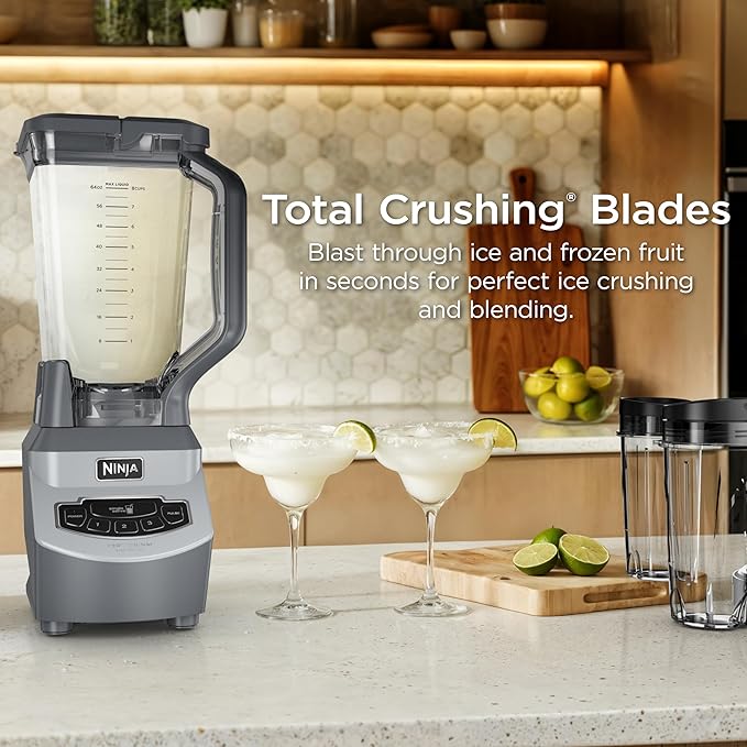 Ninja BL660 Professional Compact Smoothie & Food Processing Blender, 1100-Watts, 3 Functions -for Frozen Drinks, Smoothies, Sauces, & More, 72-oz.* Pitcher, (2) 16-oz. To-Go Cups & Spout Lids, Gray