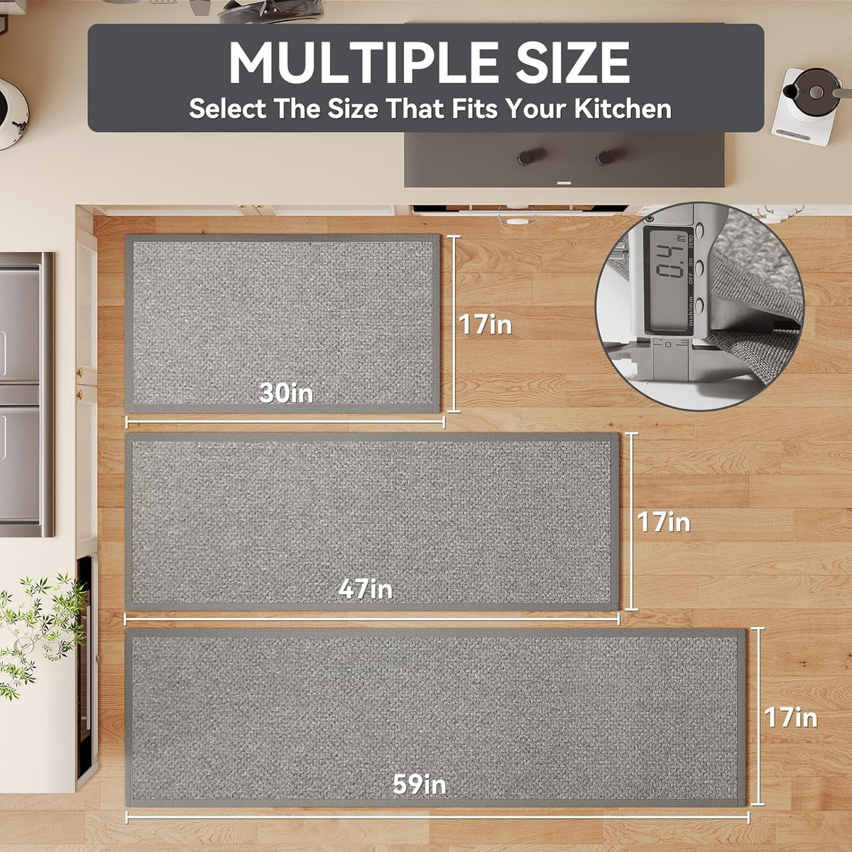 Kitchen Runner Rugs Non Slip Washable, Super Absorbent Kitchen Mats for Floor, Rubber Backing Jute-Like Braid Long Sink Mat Standing Floor Mat, Machine Washable, Gray 17"x59"