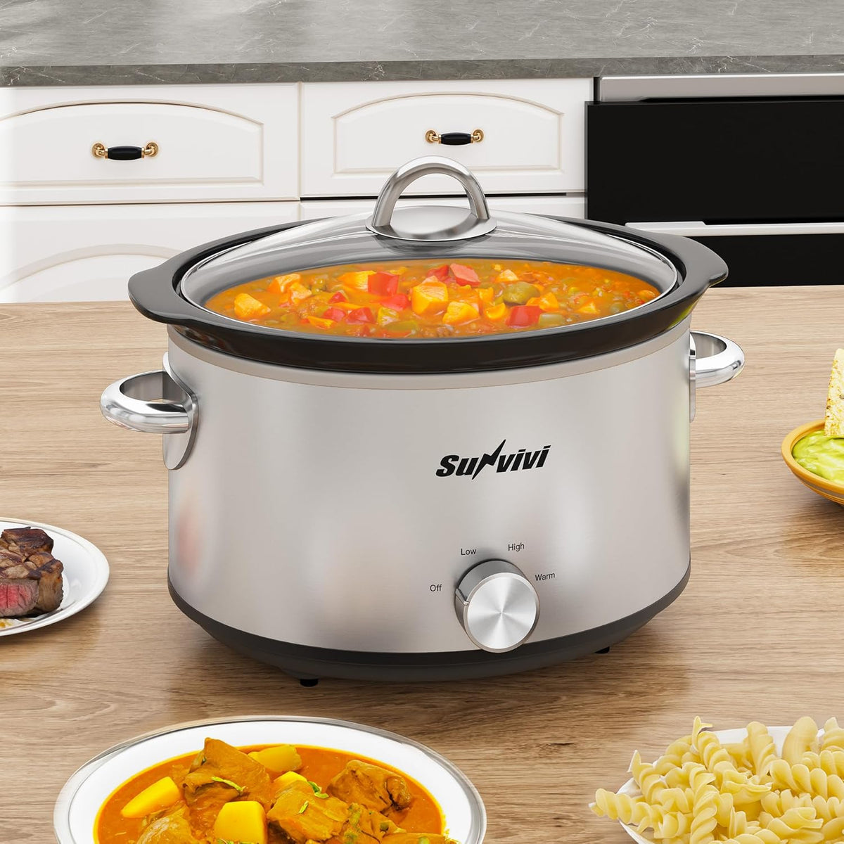 Sunvivi Small Slow Cooker 4QT, Mini Food Warmer with 3 Heating Settings, Removable Ceramic Pot, Dishwasher Safe Glass Lid, Stainless Steel, Silver