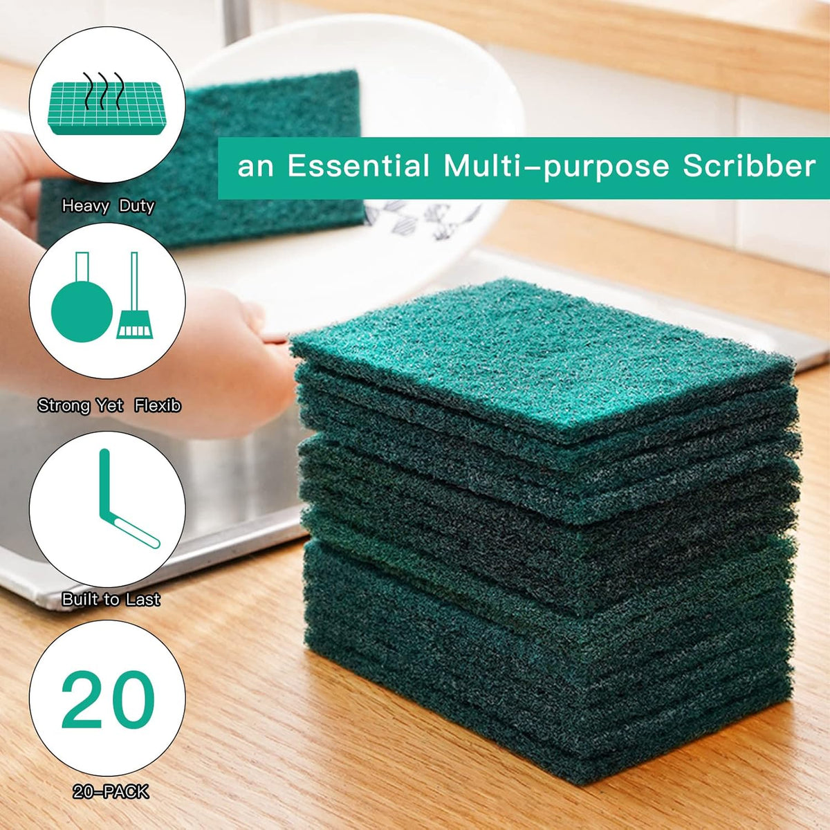 Heavy Duty Scour Pads Sponge Dish Scrubber Non-Scratch Green Reusable Household Scrub Pads for Kitchen and Dish Cleaning Tool (12Pcs)