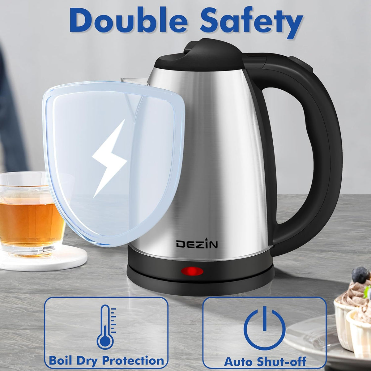 DEZIN Electric Kettle Upgraded, BPA Free 2L Stainless Steel Tea Kettle, Fast Boil Water Warmer with Auto Shut Off and Boil Dry Protection Tech for Coffee, Tea, Beverages