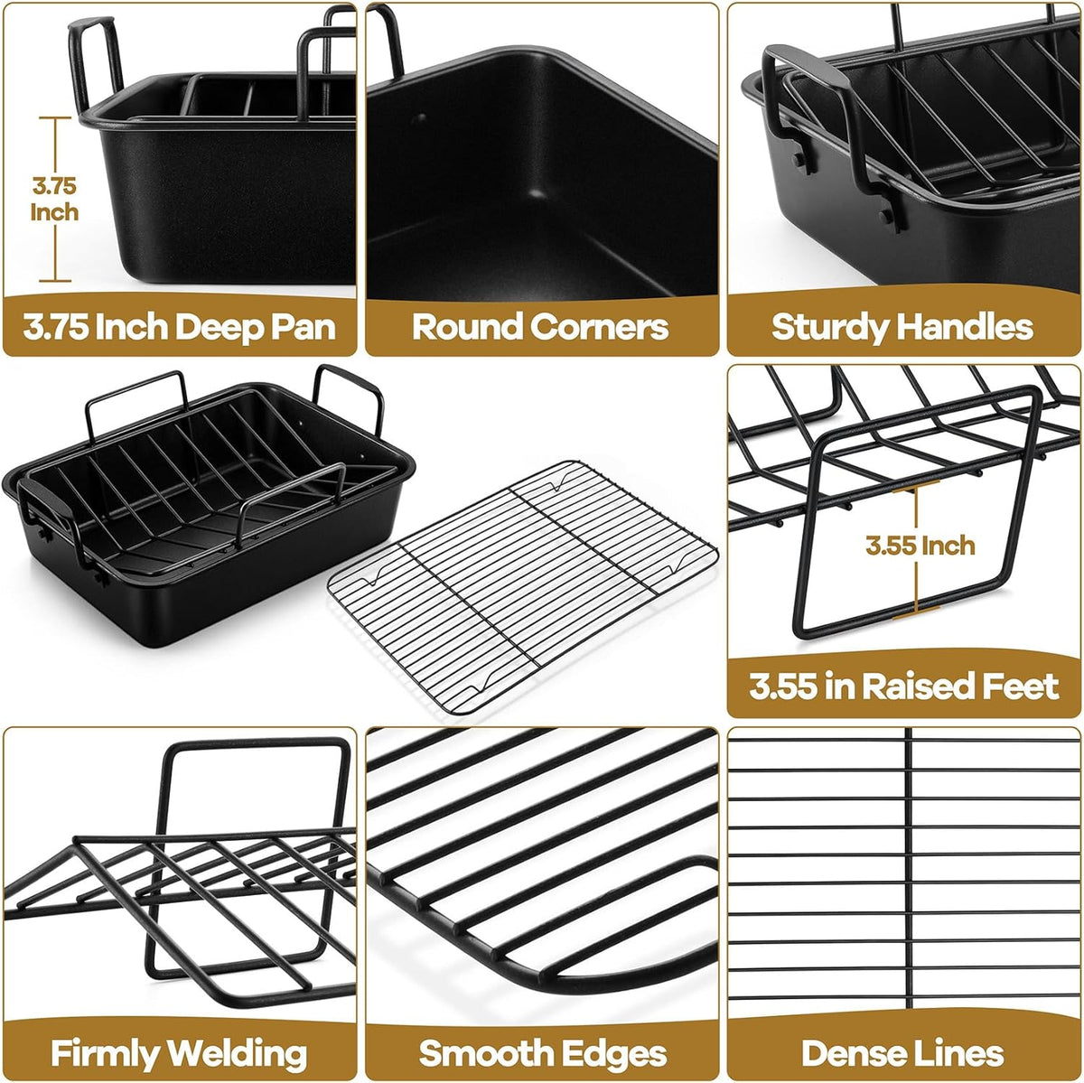P&P CHEF 16" Roaster Roasting Pan with Baking Rack and V-shaped Rack, Stainless Steel Rectangular Lasagna Pan with Handles for Turkey Chicken, Healthy & Dishwasher Safe, 3 Pieces, Black