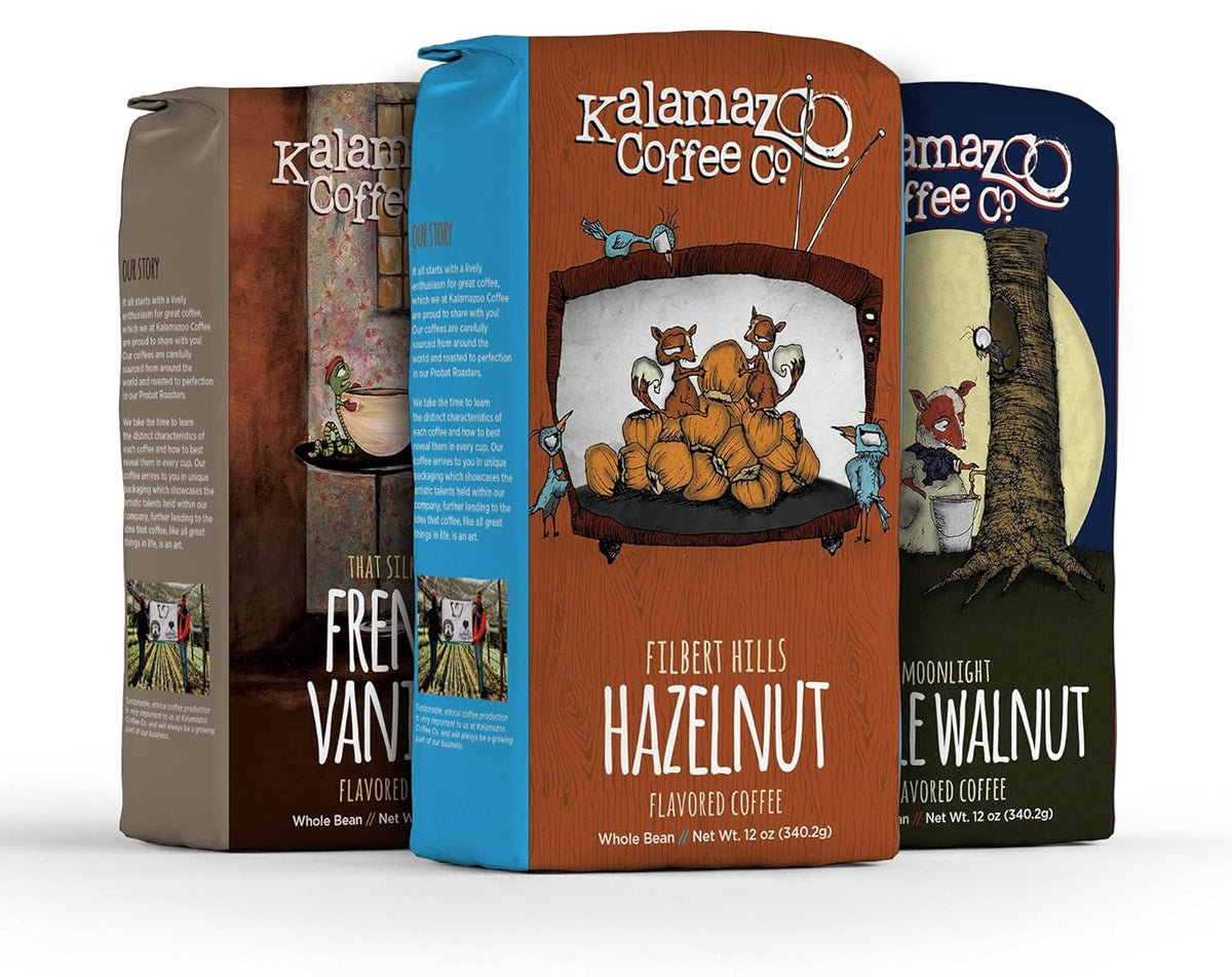 KALAMAZOO COFFEE COMPANY Whole Bean Flavored Coffee Variety Pack - Hazelnut, French Vanilla, & Maple Walnut | 12oz Bag (3 Pack)