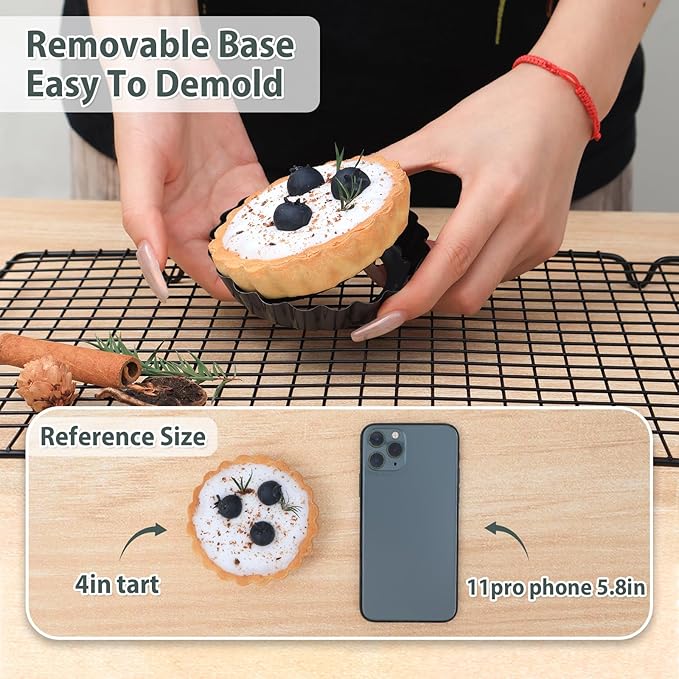 Mini Tart Pans Removable Bottom: Nonstick 4 Inch Quiche Pan Fluted Edge Set of 16 - Sturdy Carbon Steel Tart Molds for Baking - Easy Loose for Pie/Fruit/Egg/Cake - Suitable for Home Bakers