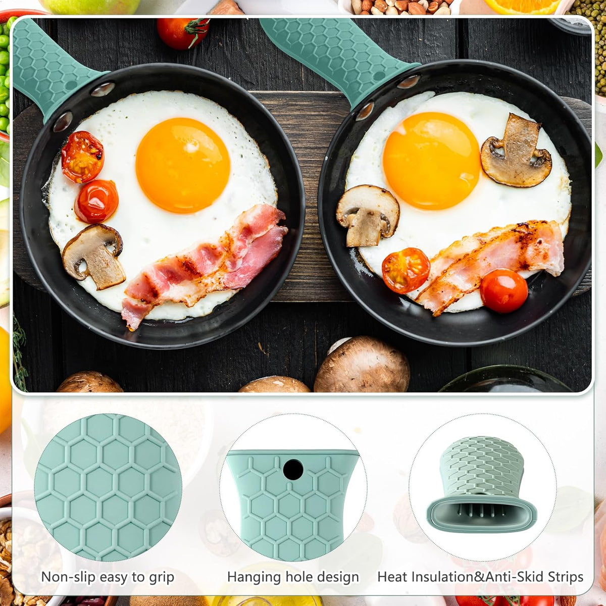 Patelai 2pcs Silicone Handle Cover for Cast Iron Skillet Kitchen Silicone Handles for Pots and Pans Non-Slip Pot Holder Sleeve for Fry Pan Griddles Metal Aluminum Cookware(Bright Green)