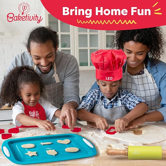 Baketivity Cookie Cutter Set for Kids, 24 Assorted Cookie Cutters of Basic Shapes, Seasonal, and Holiday Themes - with Rolling Pin, Silicone Baking Pan, and Non-Stick Baking Mat - BPA-Free - Ages 4+