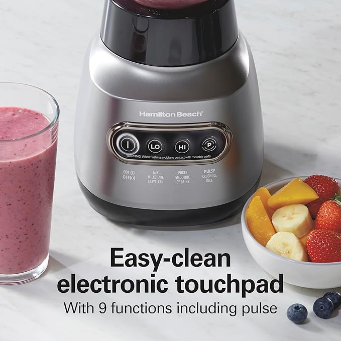 Hamilton Beach Wave Action Blender for Smoothies, Stainless Steel Ice Sabre Blades, 40oz Glass Jar, 20oz Blend-In Portable Travel Jar, 800 Watts, Quiet Design, Gray (58181)