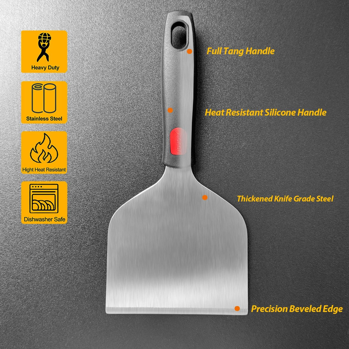 Vovoly Wide Griddle Scraper, 4.3“x4.3'' Smashed Burger Scraper Grill Scraper Spatula Burger Turner - Full Tang Silicon Handle Professional Grade Grill Accessories, Knife Grade Stainless Steel