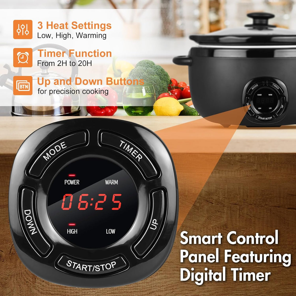 7-Quart Oval Slow Cooker Electric with Nonstick Removable Pot, 3 Temp Settings, Programmable, Dishwasher Safe