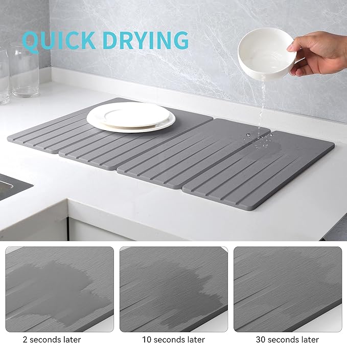 Extral Large Quick Dry Stone Drying Mat for Kitchen Counter,28x16 Inch Collapsible Eco-Friendly Absorbent Diatomaceous Earth Mat for Dishes Cups (Medium Gray-Upgraded Version, 16x12 inch)