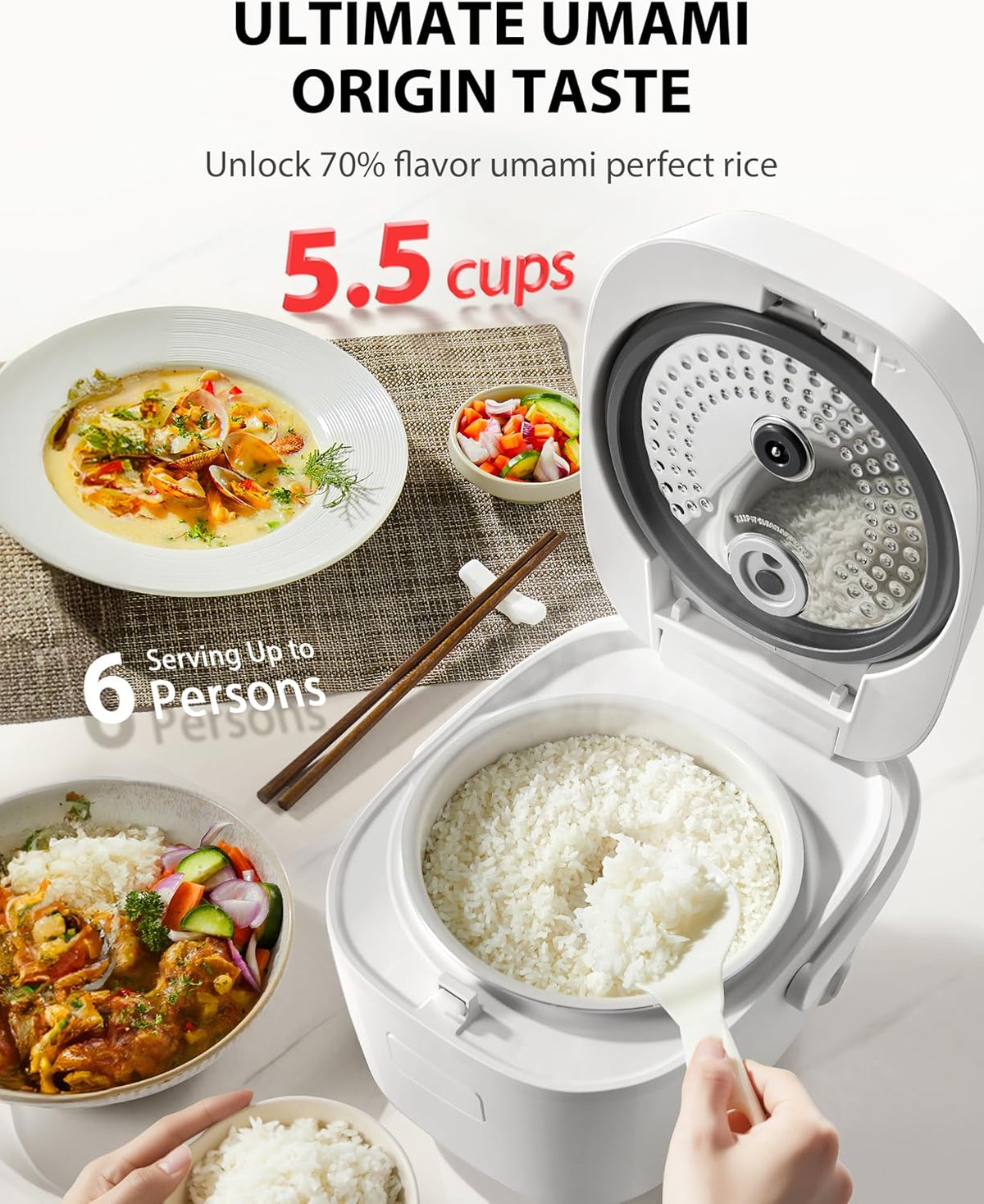 TOSHIBA Umami Smart Rice Cooker 5.5-Cup Uncooked, Fuzzy Logic, 15-in-1 Functions, Digital Display, Delay Timer, Keep Warm, Nonstick Inner Pot, White