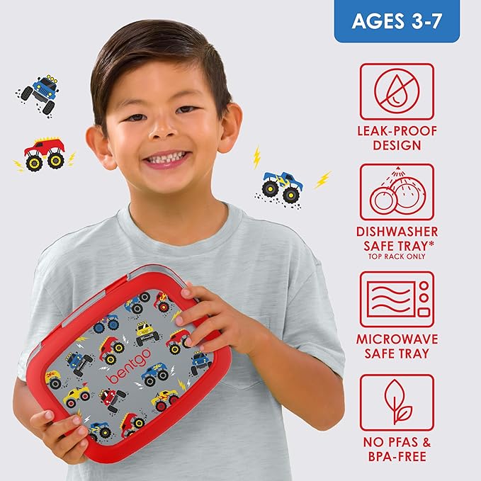 Bentgo Kids Prints Leak-Proof, 5-Compartment Bento-Style Kids Lunch Box - Ideal Portion Sizes for Ages 3-7, Durable, Drop-Proof, Dishwasher Safe, & PFAS & BPA-Free Materials (Trucks)