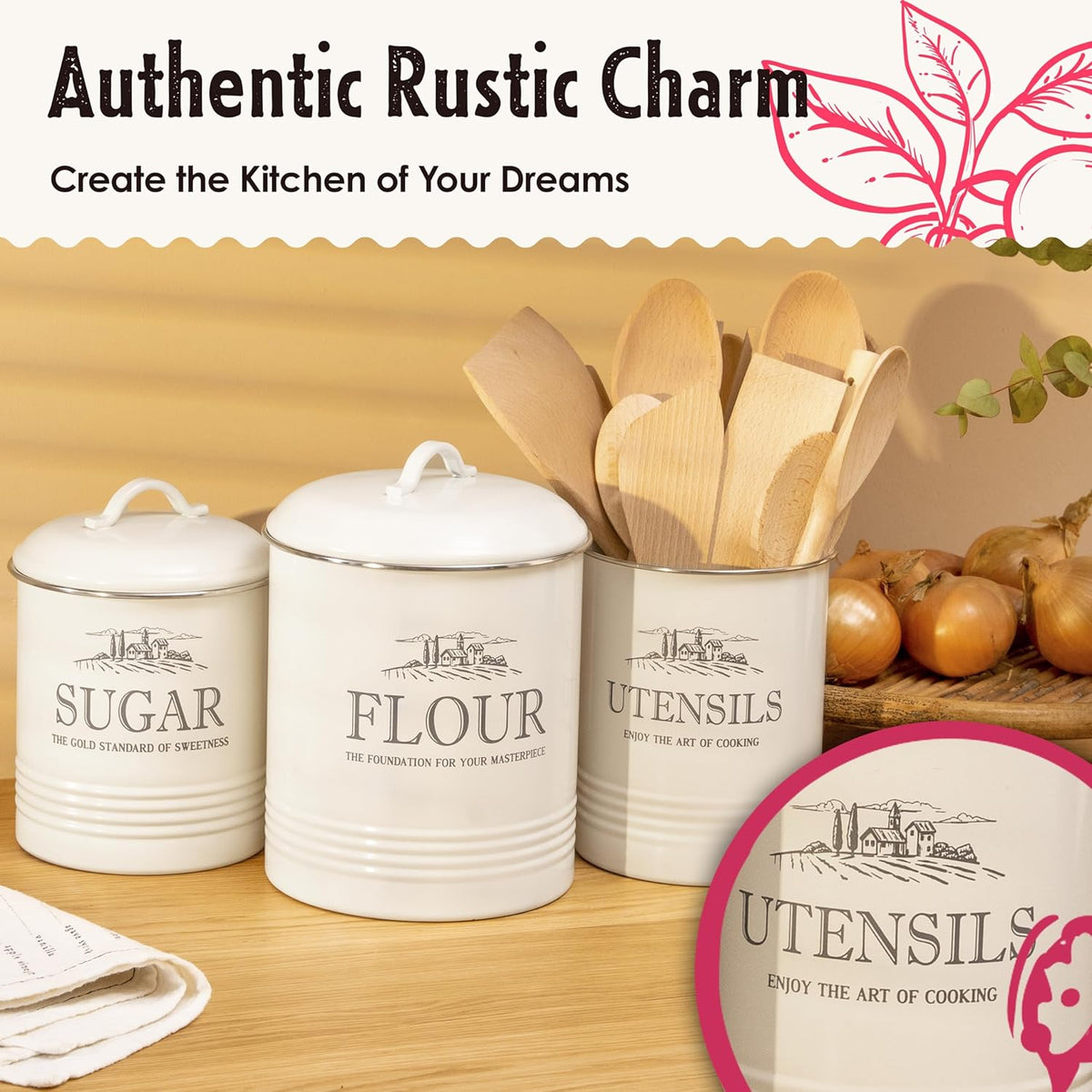 Canisters for Kitchen Counter, Set of 3 - Airtight Sugar and Flour Containers & Kitchen Utensil Holder, Rustic Farmhouse Canister Set for Kitchen Countertop