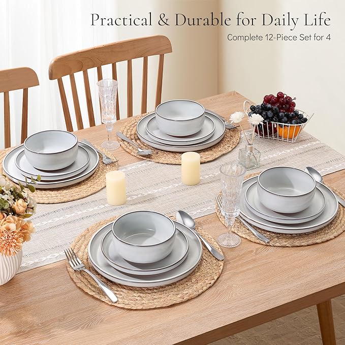 E-far Stoneware Dinnerware Sets for 4, 12 Pieces Reactive Glaze Plates and Bowls Sets, Elegant Dishes with Rustic Terracotta Base, Dishwasher & Microwave Safe, Scratch Resistant, Glacier White