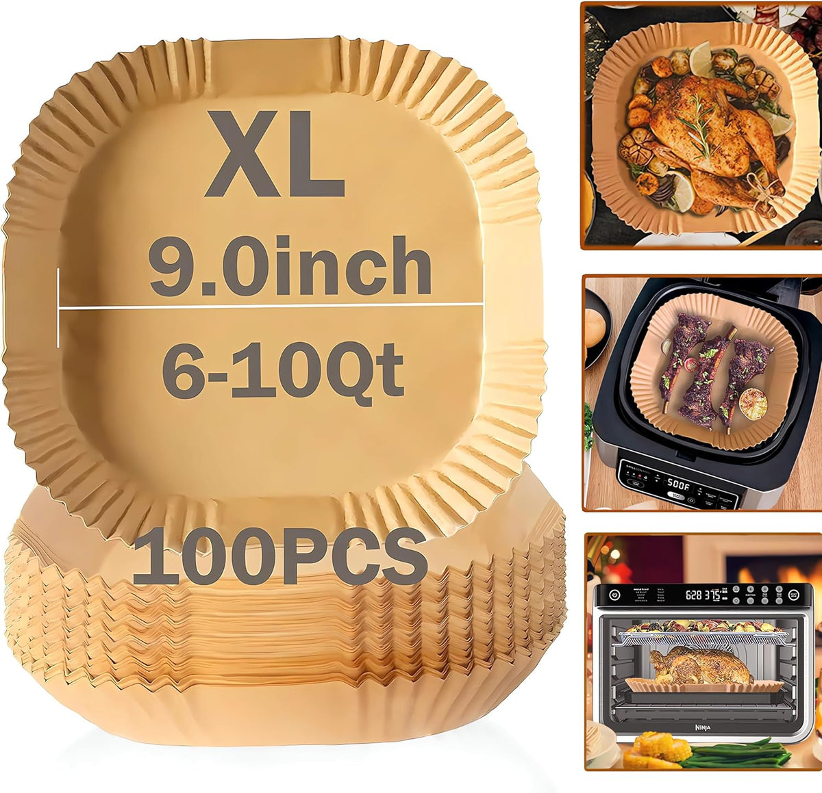 Air Fryer Disposable Paper Liner, Natural Baking Parchment Paper Air fryer liners,Thickened Oil-Proof High Temperature,for Air Fryers,Ovens,Pan and Microwaves (9inch-XL-Thick, square-Brown)