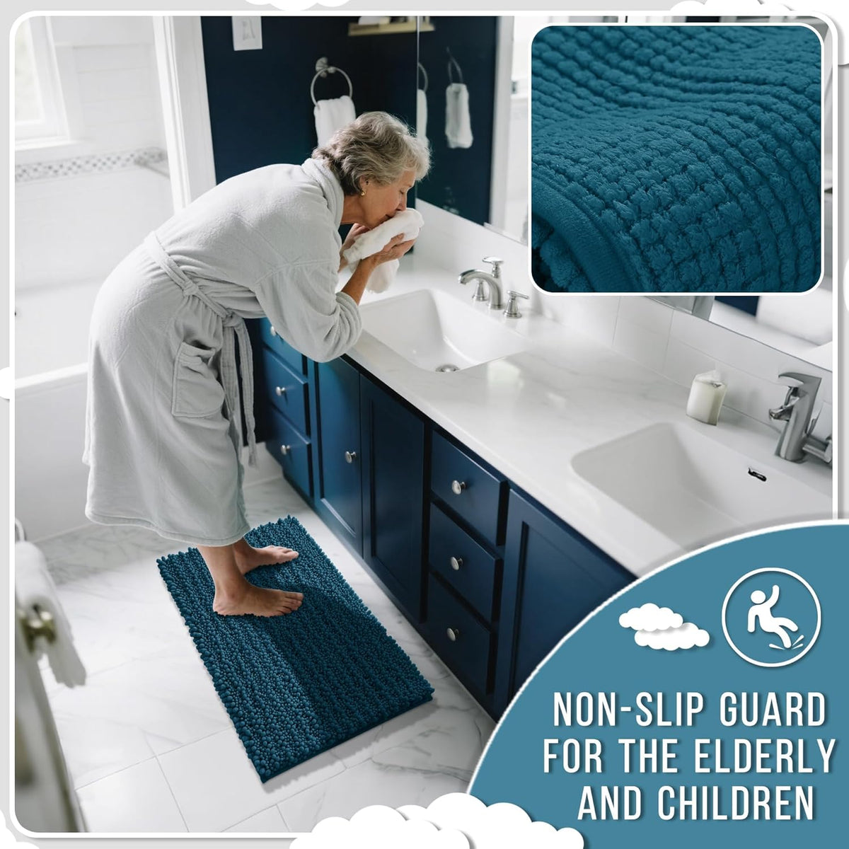 Yimobra Bathroom Runner Rug 60x24 Inch - Extra Long Non Slip Chenille Bath Mat, Soft & Absorbent, Machine Washable Shaggy Hallway Carpet for Vanity Tub Shower, Peacock Blue Home Decor Accessories