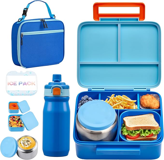 Bento Lunch Box for Kids with 8oz Soup Thermo, Leak-proof Lunch Food Containers with 5 Compartment, Insulated Lunch Bag & 17oz Stainless Steel Water Bottle for School, Trvael