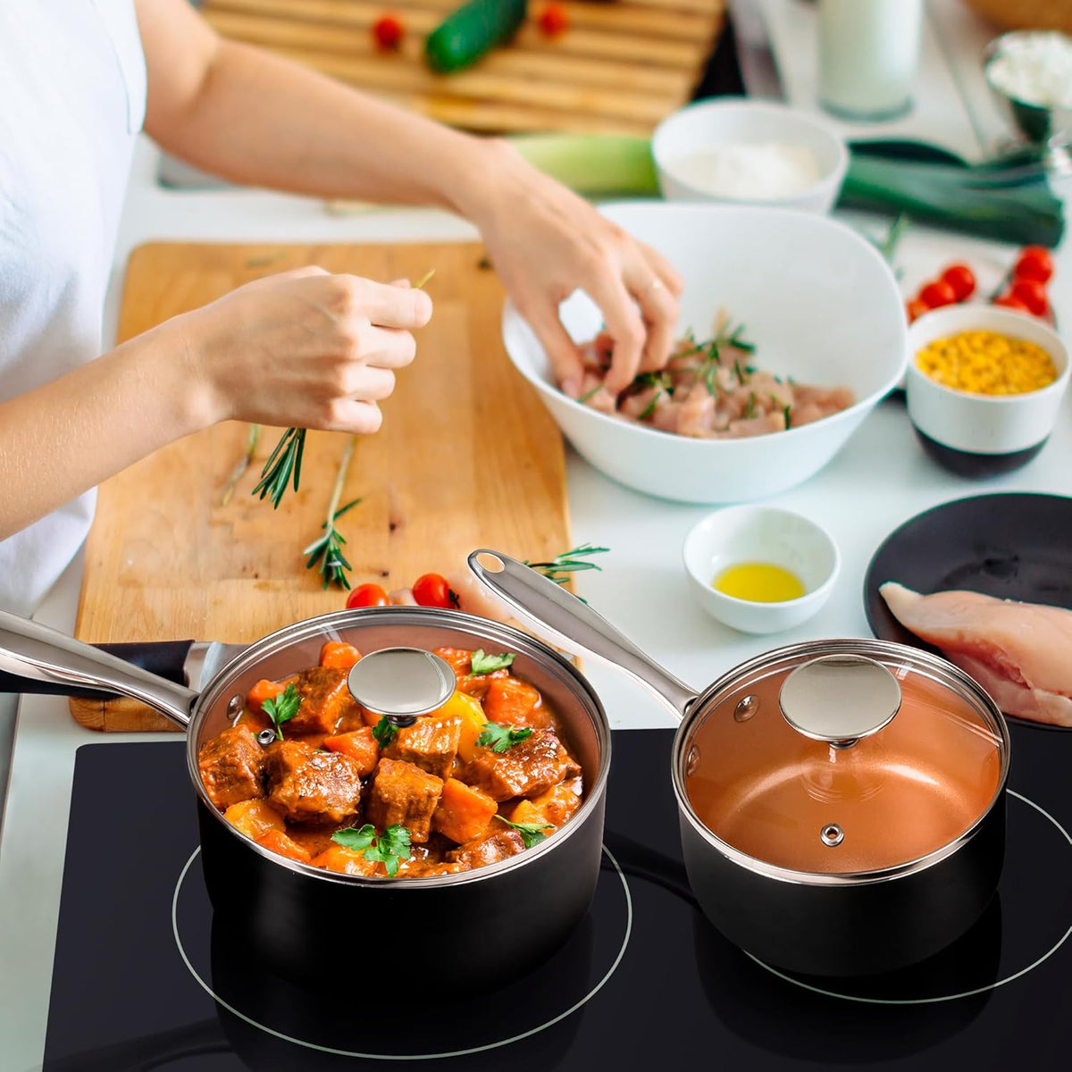 MICHELANGELO Sauce Pan Set, Ultra Nonstick Saucepan Set of 3, Ceramic Saucepans with Lids, 1 Qt & 2 Qt & 3 Qt Small Pot Set, Copper Sauce Pan with Lid