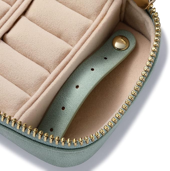 HISCOW Vegan Leather Travel Jewelry Case with Zipper - Portable Necklace & Earring Holder Organizer for Women Girls, Velvet-Lined Ring Box with Anti-Tarnish Design, Light Green