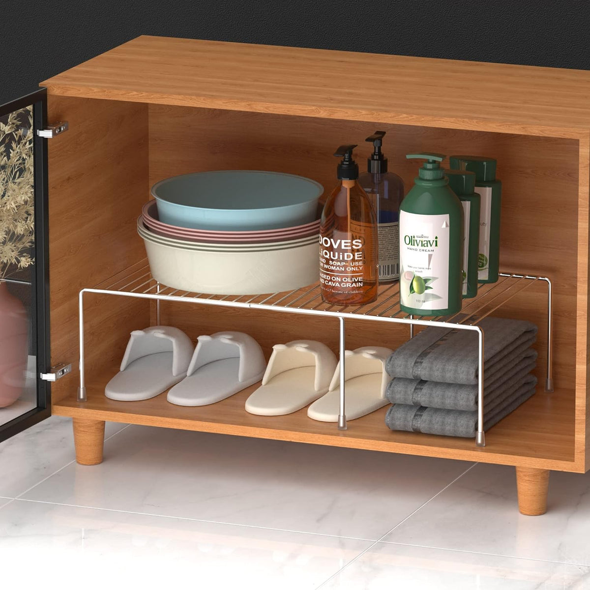 Redrubbit Cabinet Storage Shelf Rack, 4 Piece Expandable Metal Rustproof Kitchen Counter and Cabinet Shelf, Storage Rack Organizer Space Saver for Kitchen, Fridge, Cabinet, Bathroom, Chrome, Set of 2