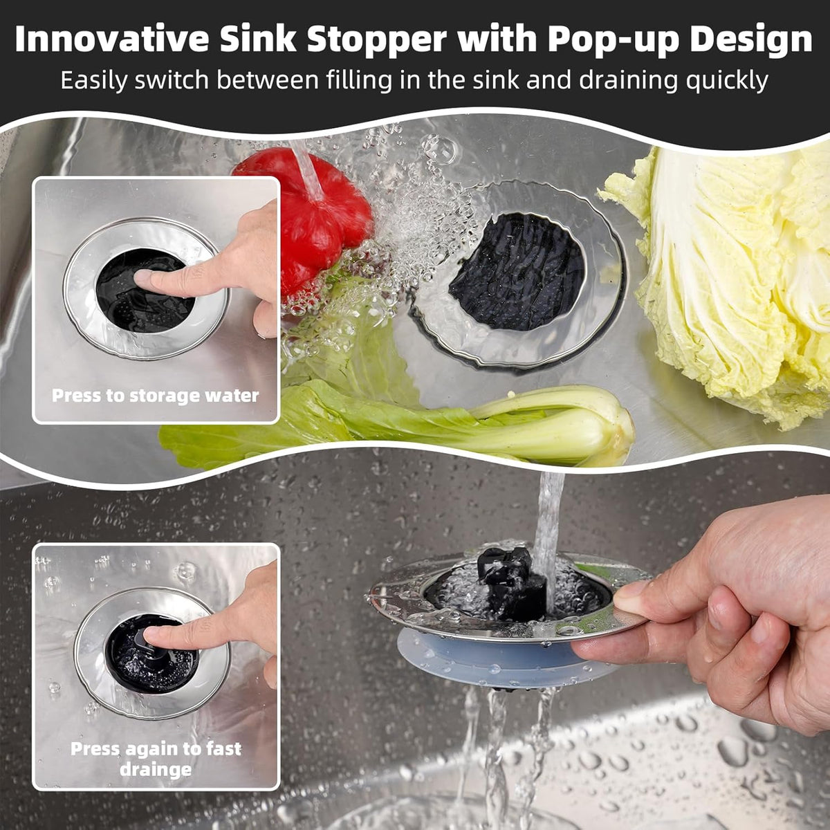 Hibbent 2 Pack Universal 3 in 1 Kitchen Sink Drain Strainer with Sink Stopper, Chrome Stainless Steel Wraped Shell, Anti-Clogging Basket Strainer with Handle, Fit for US Standard 3-1/2" Drain, Black
