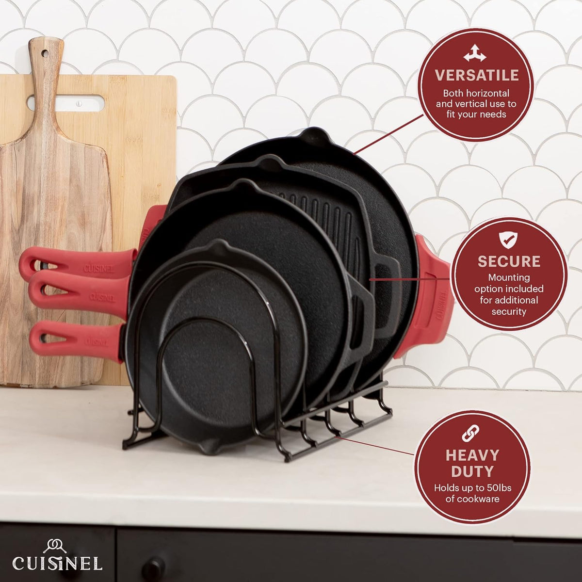 Cuisinel Pots and Pans Organizers - 2-Pack of Silicone-Coated Non-Slip 12" Heavy Duty Skillet Rack - Kitchen Organization Storage - Holds Cookie Sheets, Cutting Boards, Cast Iron Cookware, Dish Stand