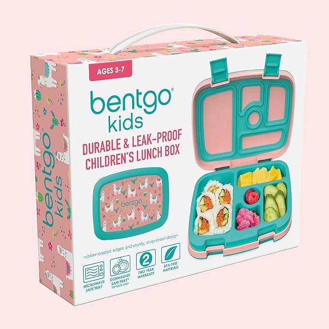 Bentgo Kids Prints Leak-Proof, 5-Compartment Bento-Style Kids Lunch Box - Ideal Portion Sizes for Ages 3-7, Durable, Drop-Proof, Dishwasher Safe, & PFAS & BPA-Free Materials (Llamas)