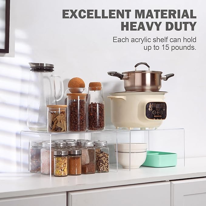 Acrylic Kitchen Cabinet Organizer Shelf, Spice Rack, Plate and Cupboard Storage Riser, Versatile Pantry Shelf, Durable Clear Countertop Organizer for Home and Kitchen(4 PCS)