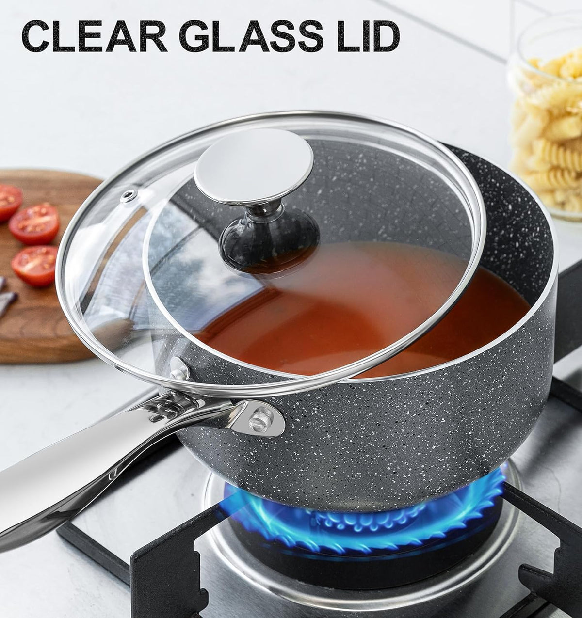 MICHELANGELO Sauce Pan with Lid, 3 Quart Saucepan with Lid Nonstick Small Pot, Granite Sauce Pan with Stainless Steel Handle, 3 Qt Saucepan Induction Compatible