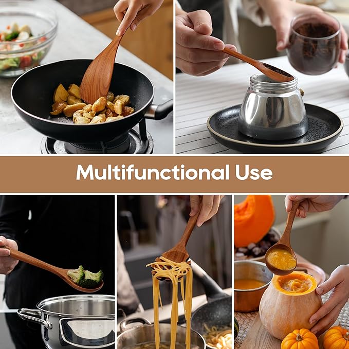 Wooden Spoons for Cooking, Nonstick Kitchen Utensils Set with 4 Piece Measuring Spoons, Comfort Grip Wooden Spatula Set, 9 Piece Teak Wooden Cooking Utensils with Holder and Spoon Rest