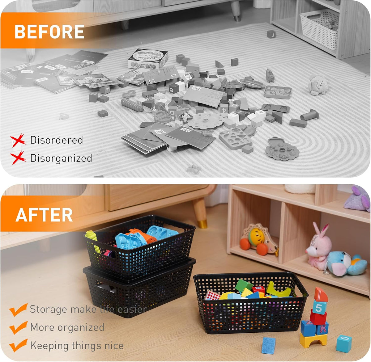 Plastic Storage Baskets With Lid, Storage Bins for Organizing, Stackable Decorative Containers for Shelves Drawers Desktop Closet Playroom Classroom Office,10 Pack-Black