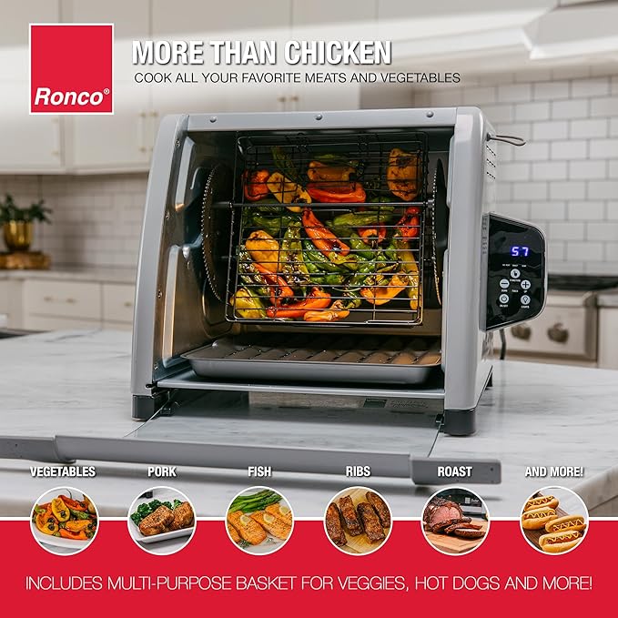Ronco 6000 Platinum Series Rotisserie Oven, Digital Display, 12-Pound Capacity, Auto Shutoff, Includes Rotisserie Spit, Multi-Purpose Basket, 3 Cooking Functions: Rotisserie, Sear and No Heat Rotation