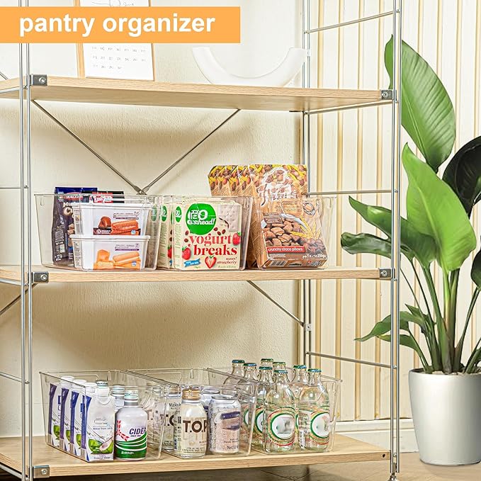Attelite Clear Plastic Storage Bins,Large 6 Pack Pantry Organizer with Handle,BPA Free Plastic Storage Containers for Fridge,Closet,Bathroom,Under Sink and Kitchen Organization