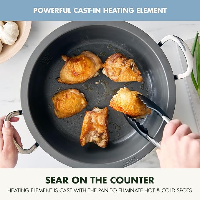 GreenPan Elite Essential Smart Electric 6QT Skillet Pot,Sear Saute Stir-Fry and Cook Rice, Healthy Ceramic Nonstick and Dishwasher Safe Parts, Easy-to-use LED Display, PFAS-Free, Blue Haze