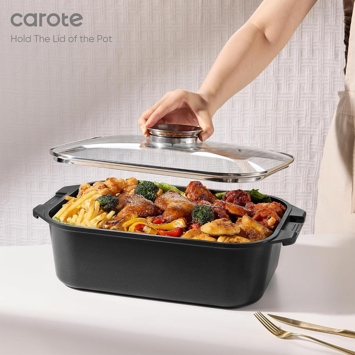 CAROTE 15.9 Inch Roasting Pan with Lid, Rectangular Nonstick Roaster Pan for Ovens, Large Pot Roast Roasting Pan with Lid, Induction & Gas Stove Compatible, PFOA Free