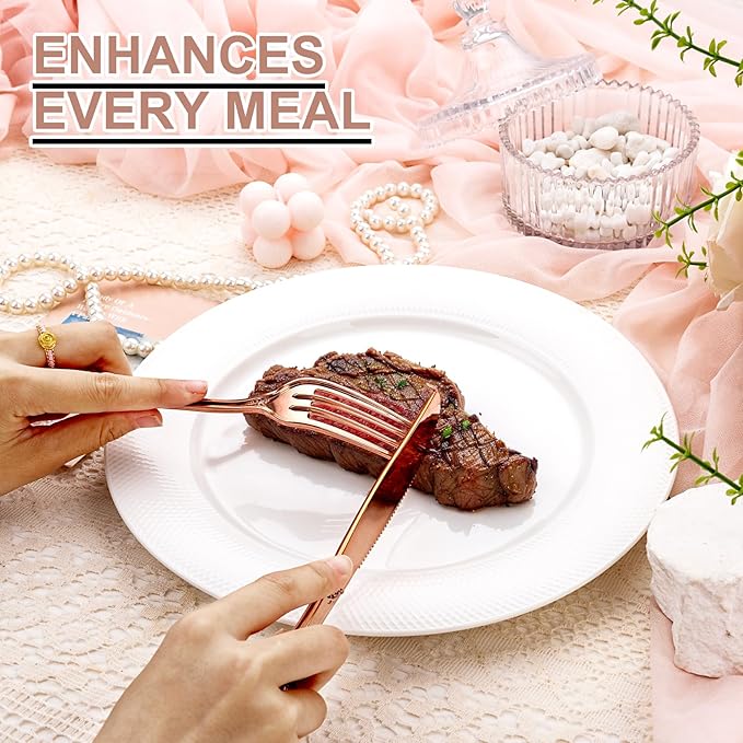 40PCS Rose Gold Plastic Silverware - Heavy Duty Elegant Disposable Utensils - Rose Gold Plastic Cutlery set Includes 20Forks, 10Spoons, 10Knives for Dinner, Parties, Weddings