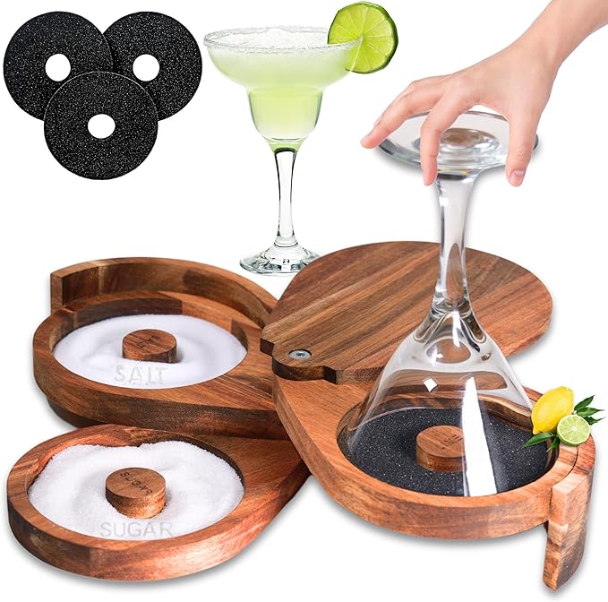 Margarita Salt Rimmer Set for Cocktails | 3 Tier Acacia Wood Glass Rimmer for Salt/Sugar/Lime Seasoning for Bloody Mary, Tequila | Drink Accessories for Bar (With Sponges)
