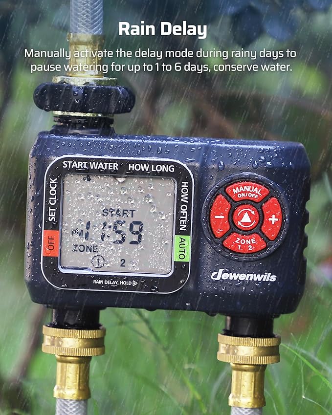 DEWENWILS 2-Zone Water Hose Timer – Programmable Sprinkler Timer with Rain Delay, Manual Watering & Auto Irrigation for Garden, Yard, or Lawn