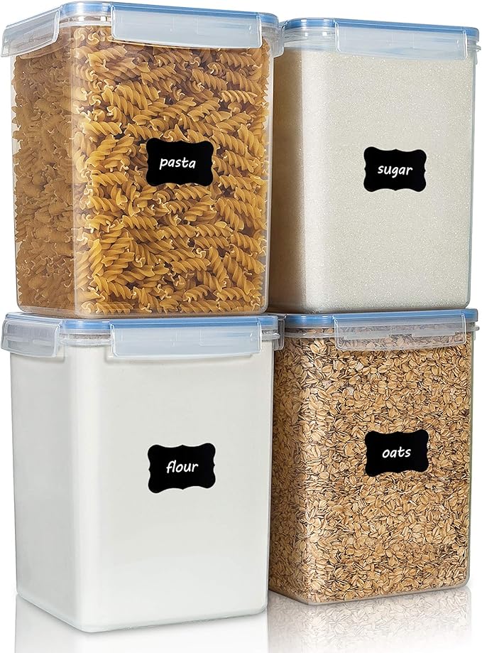 Vtopmart Large Food Storage Containers 5.2L / 175oz, 4 Pieces BPA Free Plastic Airtight Canisters for Flour, Sugar, Baking Supplies, Rice with Lids, 4 Measuring Cups and 24 Labels, Blue