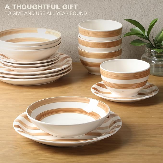 Gibson Home Kenwood Shores 16 Piece Dinnerware Set, Brown Striped, Stoneware, Hand-Painted Plates and Bowls, Service for 4, Microwave & Dishwasher Safe