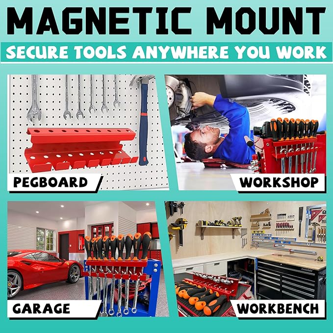 ULIBERMAGNET Magnetic Wrench Holder,Heavy Duty Red Magnetic Screwdriver Holder,Wrench Screwdriver Shear Organizer Rack Magnetic Mount Multiple Tools Rack for Garage,Tool Cart,Pegboards,Workbench