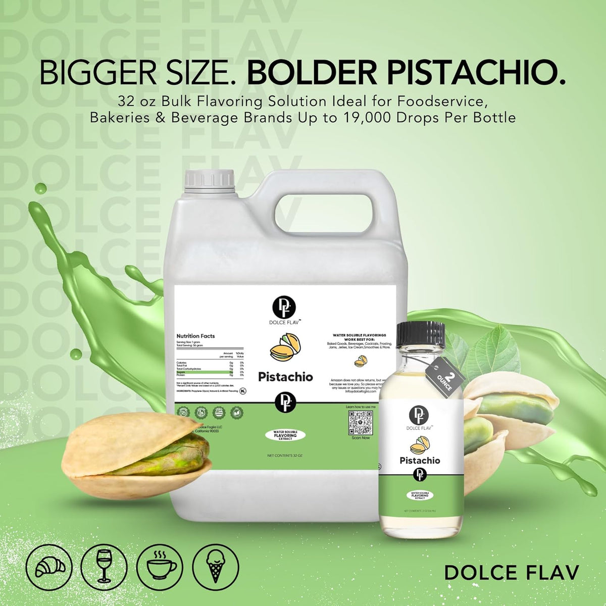 Dolce Flav Pistachio Flavoring – 32 oz. – Premium Flavoring for Ice Cream, Desserts, Boba, Beverages & Baked Goods | Ideal for Restaurants, Bakeries & Coffee Shops