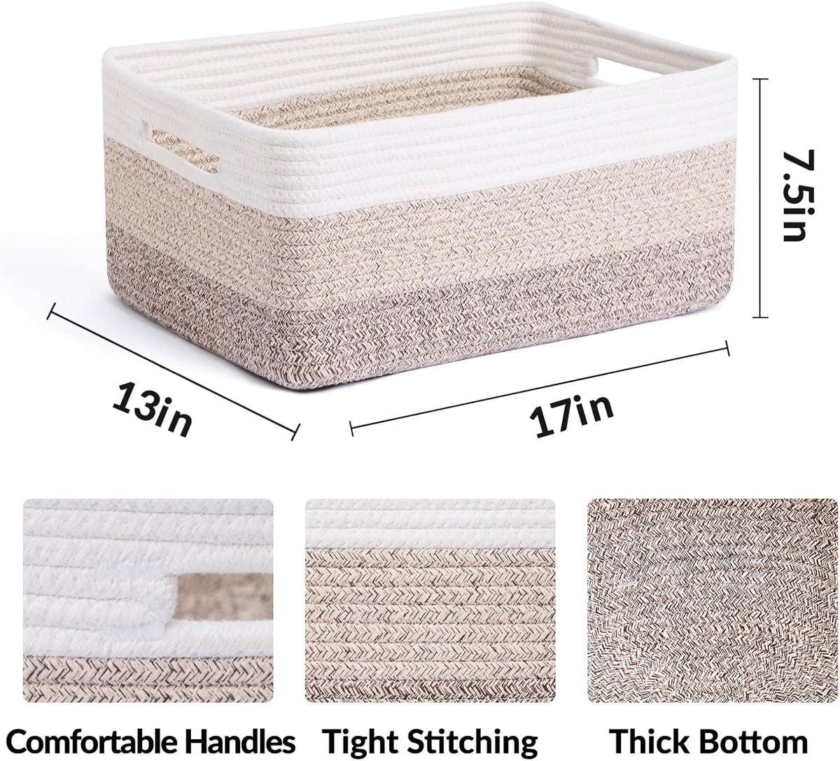 Large Storage Baskets for Shelves, Closet Organizers Bins for Clothes Blanket Towels, Baby Nursery, Toy Baskets Box, Woven Rope Baskets, 17 x 13 x 7.5”, 2 Packs Gradient Brown